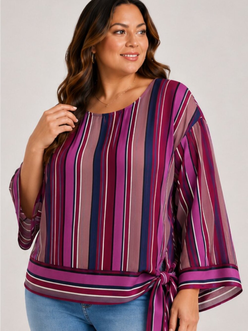 Worthington Vari Stripe Lavender Blouse 3X Side Tie Top NWT